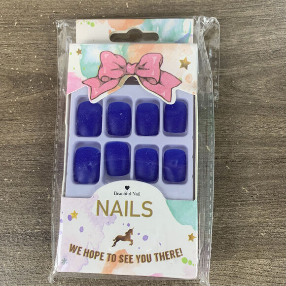 Blue Square Press on Nails, Short Fake Acrylic - False Nails for Women 24Pcs - Picture 3 of 10